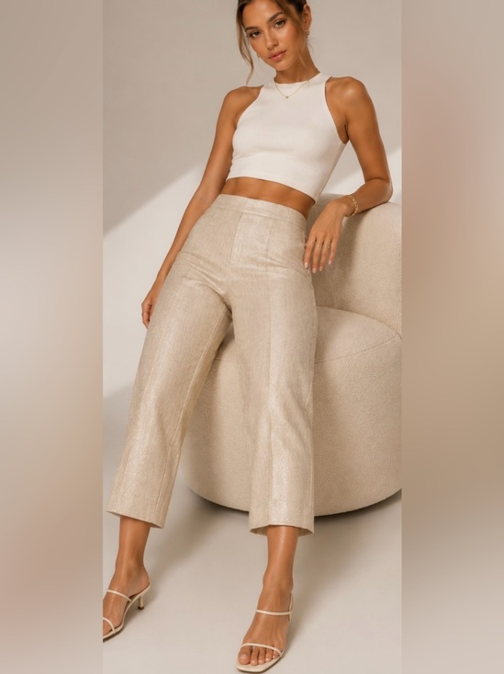 NWT Talbots Signature Linen Shimmery Metallic Beige Cropped Ankle Pants 14P